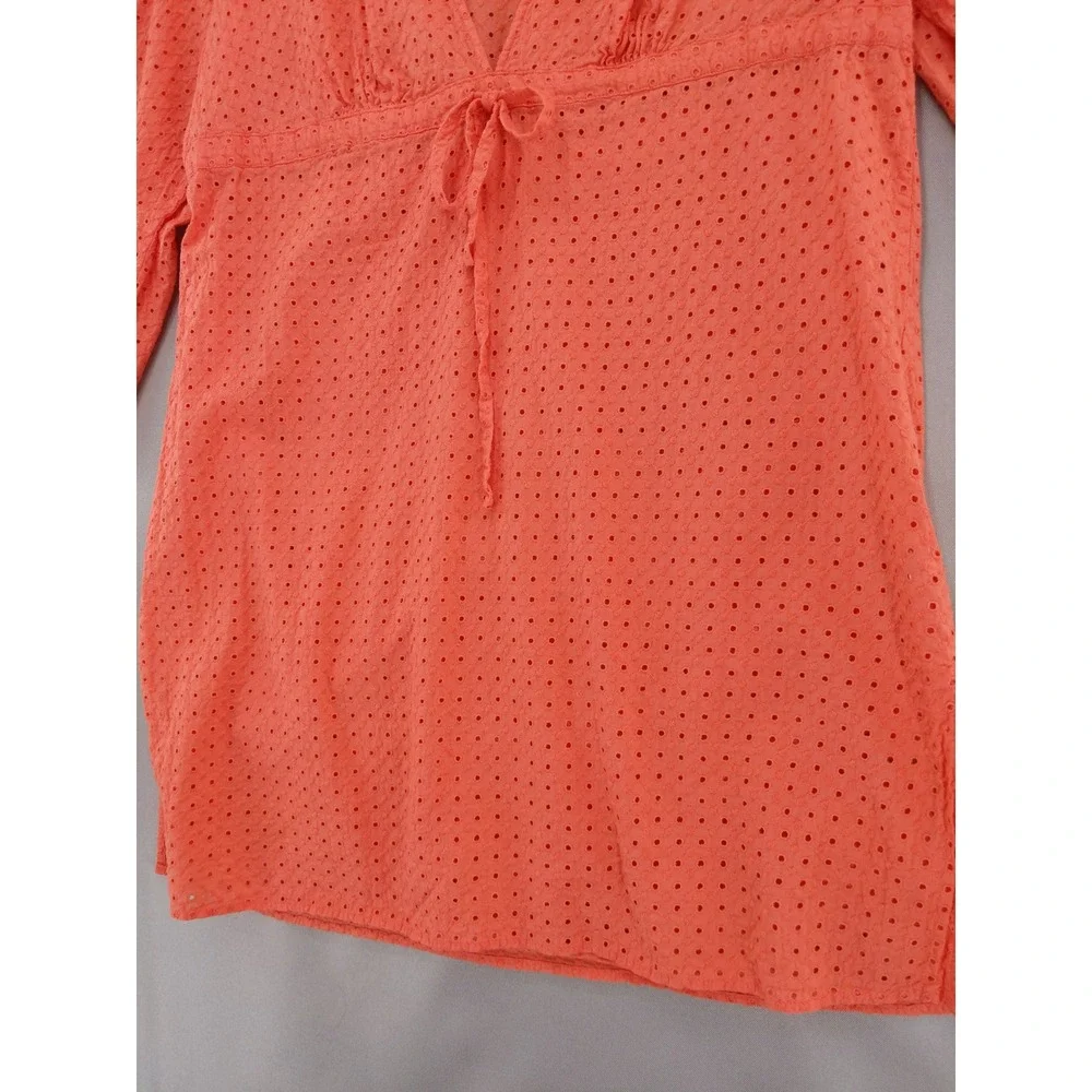 Talbots Eyelet Tunic Size L Coral Orange Empire Waist V-Neck Cotton 3/4 Slv